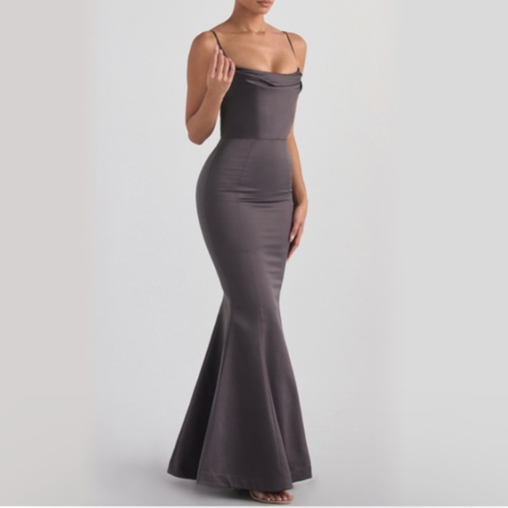 House Of Cb Violette Satin Mermaid Gown Dark Grey Gem